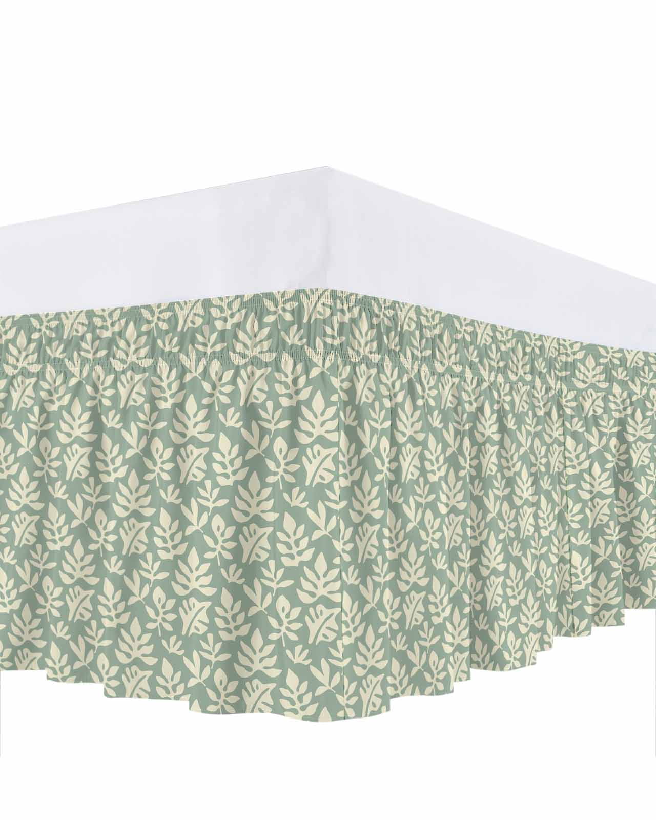 Simple Daisy Silhouette Bed Skirt King Size 16 Inch Drop, Retro Flower Green Patterns Adjustable Elastic Dust Ruffles Bedskirt for King Bed Wrap Around Pleated Mattress Frame Cover