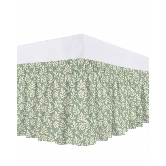 Simple Daisy Silhouette Bed Skirt King Size 16 Inch Drop, Retro Flower Green Patterns Adjustable Elastic Dust Ruffles Bedskirt for King Bed Wrap Around Pleated Mattress Frame Cover