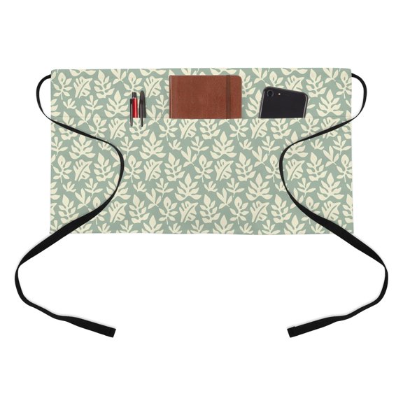 Simple Daisy Silhouette Half Waist Apron Retro Flower Green Patterns Short Waiter Aprons with 3 Pockets for Women Men Kitchen Restaurant Cooking