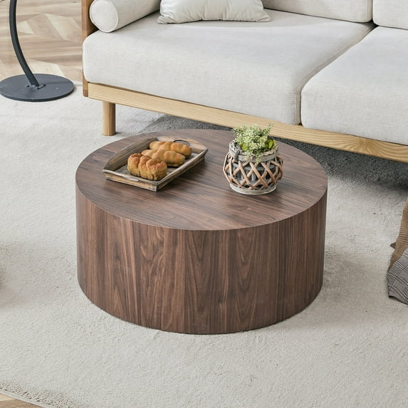 Simple Deep Walnut Cylindrical Coffee Table, 27.5-Inch Diameter X 12 Inch Height, MDF Material Living Room Furniture, Suitable for Industrial Style or Modern Minimalist Living Room (Walnut)
