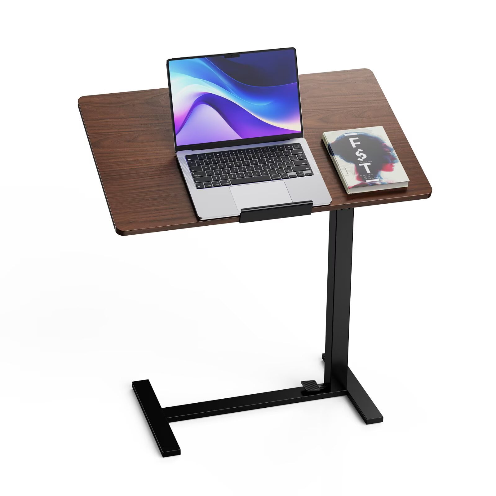 Simple Deluxe 0-180°Tilt Top Mobile Standing Desk Adjustable Overbed Table, Pneumatic Height Adjustable Rolling Laptop Desk with Hidden Wheels,Brown