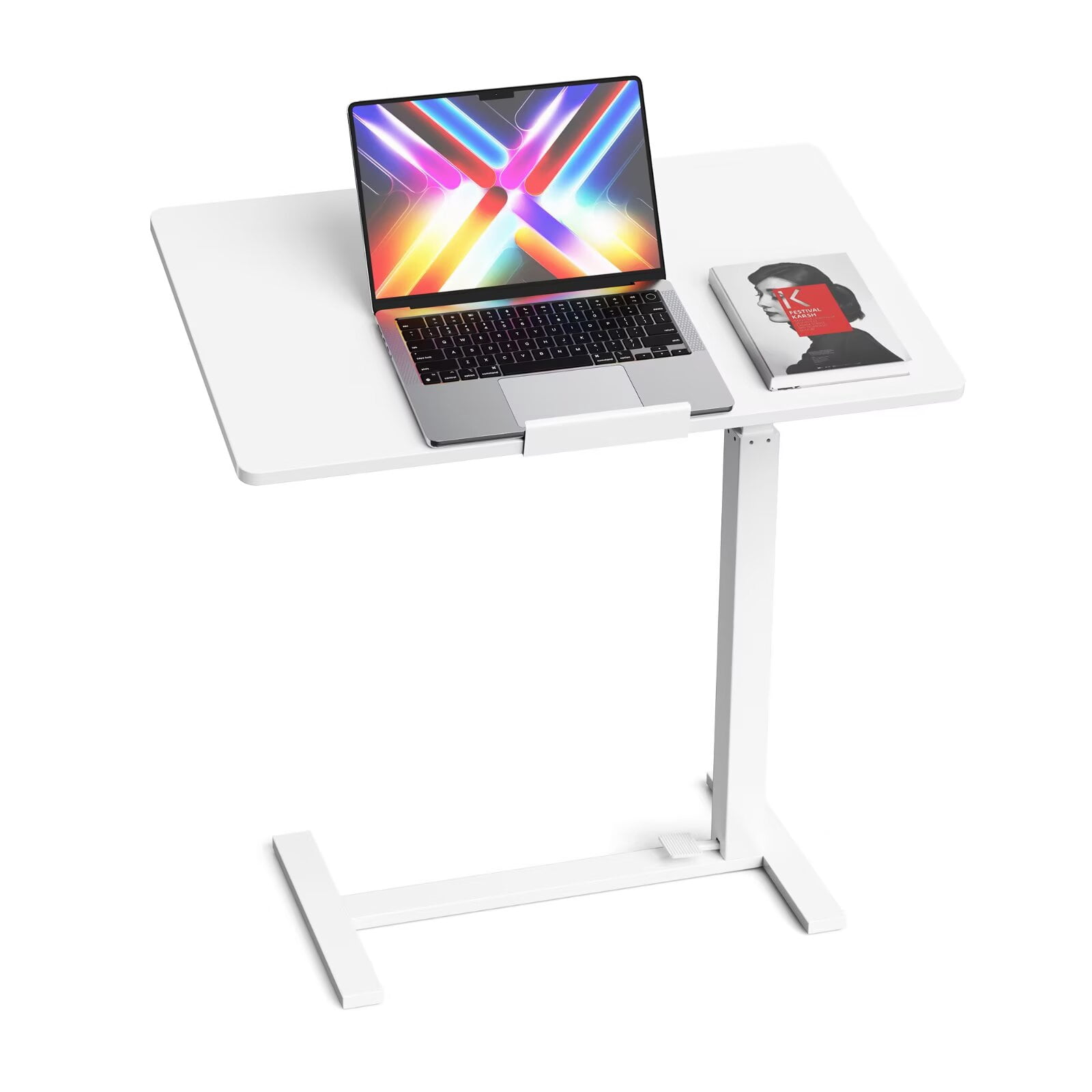 Simple Deluxe 0-180°Tilt Top Mobile Standing Desk Adjustable Overbed Table, Pneumatic Height Adjustable Rolling Laptop Desk with Hidden Wheels, White