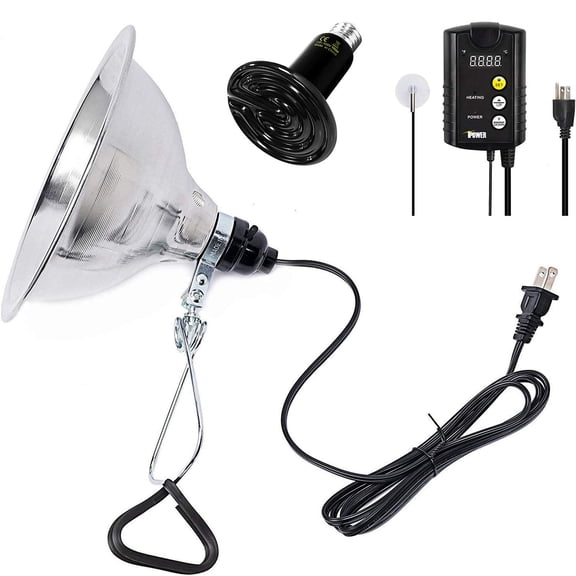 Simple Deluxe 100W Reptile Heat Bulb & 150W Clamp Light with 8.5" Reflector & Digital Thermostat Controller Combo Set