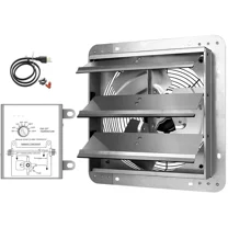 Simple Deluxe 12 Inch Wall Mounted Shutter Exhaust Fan with Temperature Controller and Power Cord Kit, Aluminum, 1600 RPM, 940 CFM, for Attic, Garage, Louvered Vent, Plant, Greenhouse, Silver