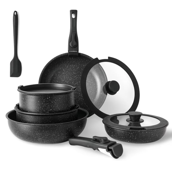 Simple Deluxe 12Pcs Pots and Pans Set, Nonstick Cookware Sets, Black Granite Induction Cookware with Detachable Handle, Black