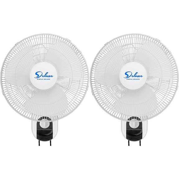 Simple Deluxe 16 Inch Wall Mount Fans, Digital Household Oscillating Fans with Adjustable Tilt, 90 Degree, 3 Speed Settings, White, 2 Pack