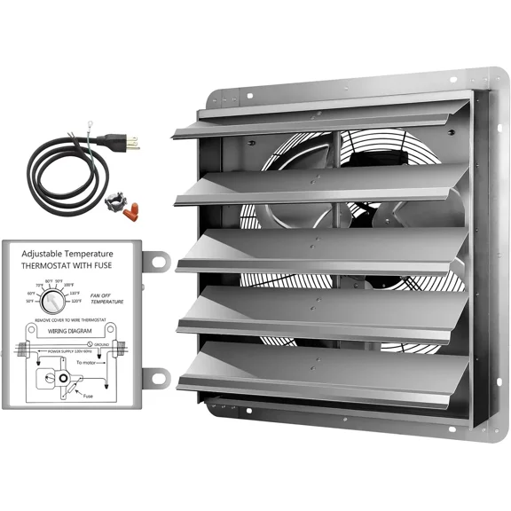 Simple Deluxe 18 Inch Wall Mounted Shutter Exhaust Fan with Temperature Controller and Power Cord Kit, Aluminum, 1400 RPM, 2000 CFM, for Attic, Garage, Louvered Vent, Plant, Greenhouse, Silver