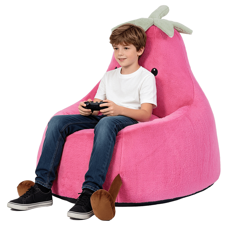 Simple Deluxe 2.5 ft Kids Bean Bag Chair, Faux Rabbit Fur Round Sofa with Handle and Washable Cover, Rose