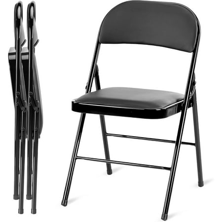 Simple Deluxe 2 Pack Folding Chairs with Leather Padded Seats, Portable Foldable Commercial Seat with Steel Frame for Parties, Home, Office, Indoor and Outdoor Events, Black