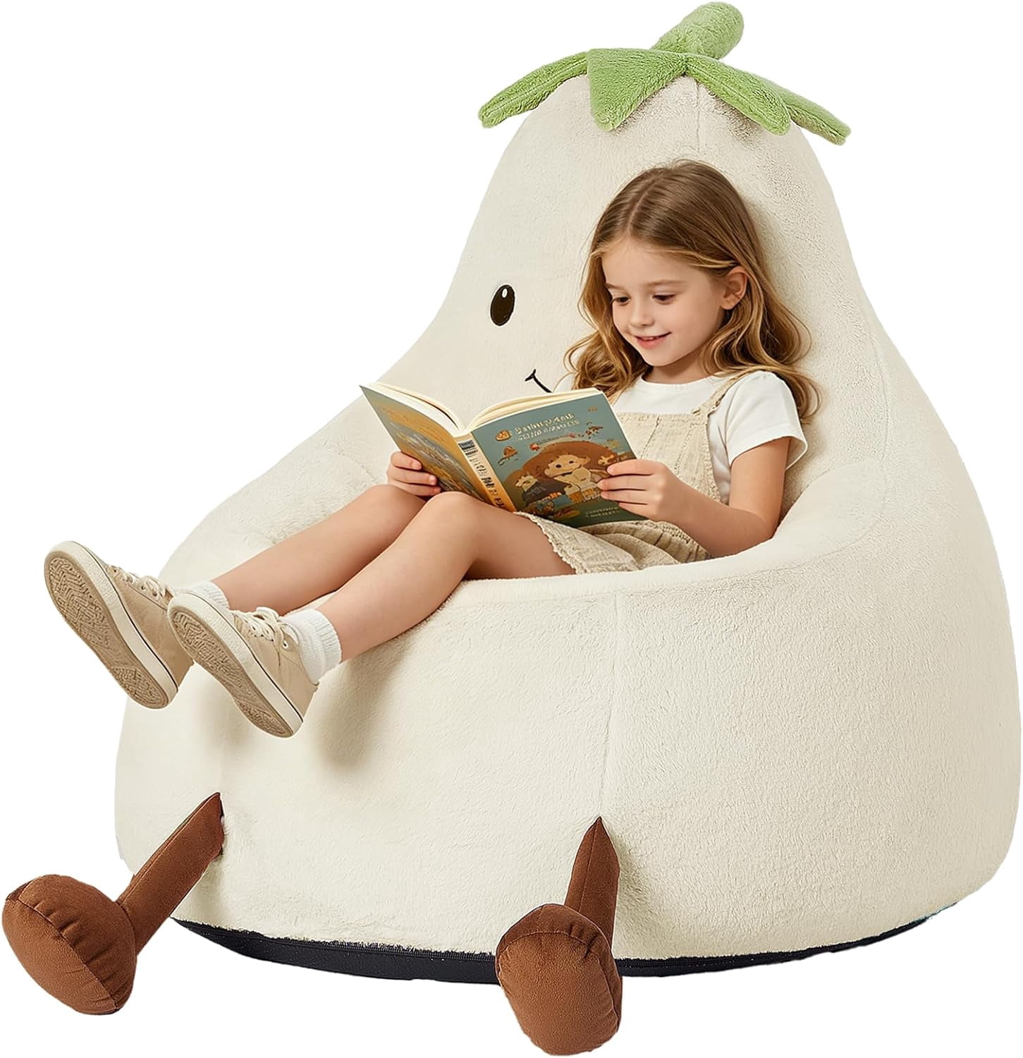 Simple Deluxe 2 ft Kids Bean Bag Chair, Faux Rabbit Fur Round Sofa with Handle and Washable Cover, Beige