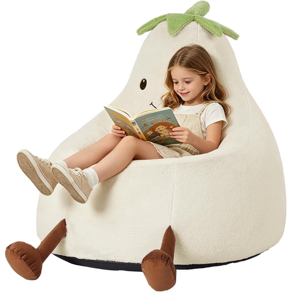 Simple Deluxe 2 ft Kids Bean Bag Chair, Faux Rabbit Fur Round Sofa with Handle and Washable Cover, Beige