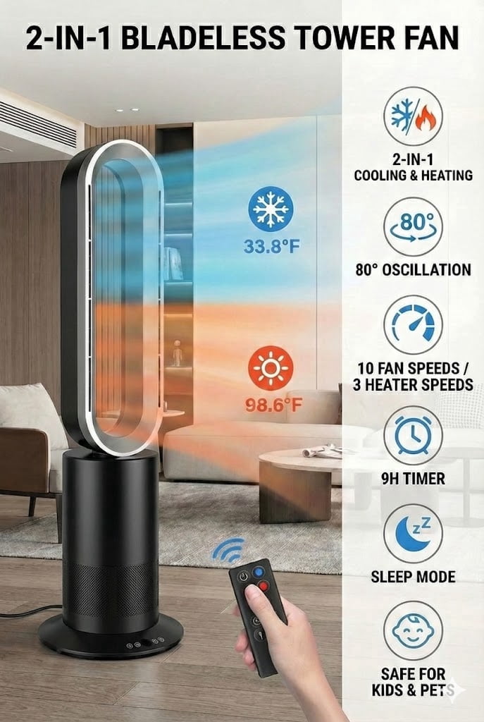 Simple Deluxe 2-in-1 Bladeless Tower Fan Heater & Cooling Fan with Remote, 80° Oscillating Quiet Space Heater Fan for Be