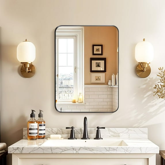 Simple Deluxe 22" x 30" Bathroom Mirrors, Metal Framed Bedroom Mirror, Rounded Rectangle Mirror, Anti-Rust Modern Decorative for Restroom, Farmhouse, Horizontally or Vertically Hanging, Black