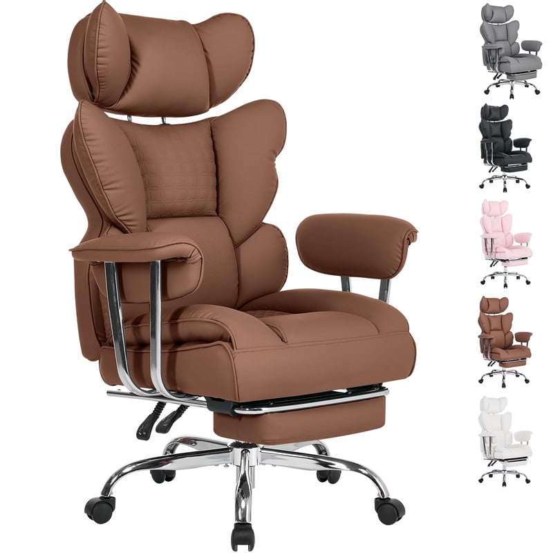Simple Deluxe 350lbs Executive Heavy Duty Office Chair for Big & Tall, PU Leather Ergonomic Reclining Desk Chair with Footrest, Pocket Spring Cushion, Brown