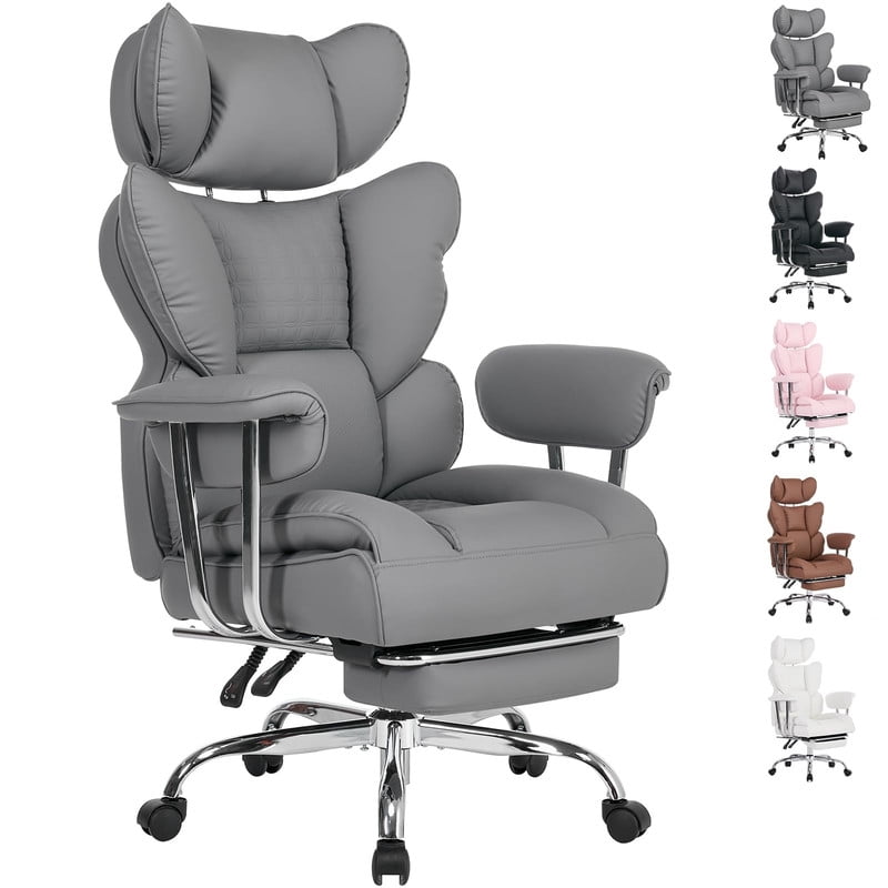 Simple Deluxe 350lbs Executive Heavy Duty Office Chair for Big & Tall, PU Leather Ergonomic Reclining Desk Chair with Footrest, Pocket Spring Cushion, Gray