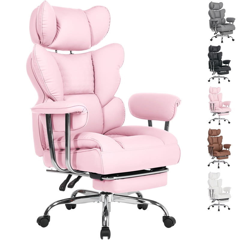 Simple Deluxe 350lbs Executive Heavy Duty Office Chair for Big & Tall, PU Leather Ergonomic Reclining Desk Chair with Footrest, Pocket Spring Cushion, Pink