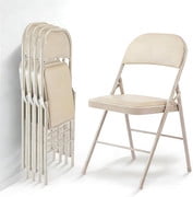Simple Deluxe 4 Pack Folding Chairs with Leather Padded Cushion Seats & Durable Metal Frame, Comfortable, Foldable, Portable, Commercial Event Seat, Indoor Outdoor for Parties, Home, Office, Kahki
