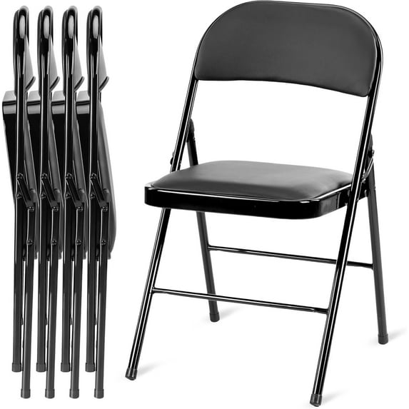 Simple Deluxe 4 Pack Folding Chairs with Leather Padded Seats, Portable Foldable Commercial Seat with Steel Frame for Parties, Home, Office, Indoor and Outdoor Events, Black