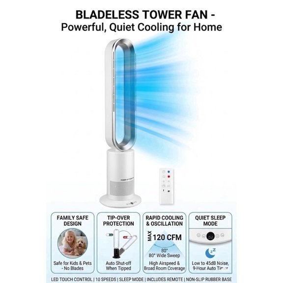 Simple Deluxe 41-Inch Bladeless Tower Fan with Remote Control, 10 Speeds, 80° Oscillation, 1-9 Hour Timer, Quiet 45dB Sleep Mode, Tip-Over Protection, Standing Floor Fan for Bedroom Living Room