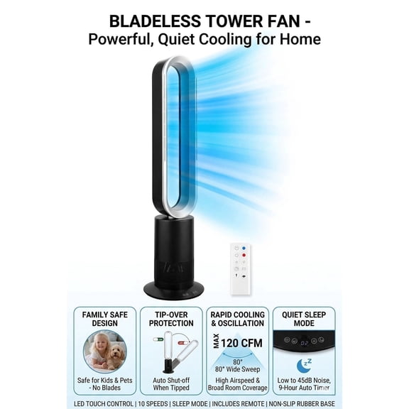 Simple Deluxe 41-Inch Bladeless Tower Fan with Remote Control, 10 Speeds, 80° Oscillation, 1-9 Hour Timer, Quiet 45dB Sleep Mode, Tip-Over Protection, Standing Floor Fan for Bedroom Living Room