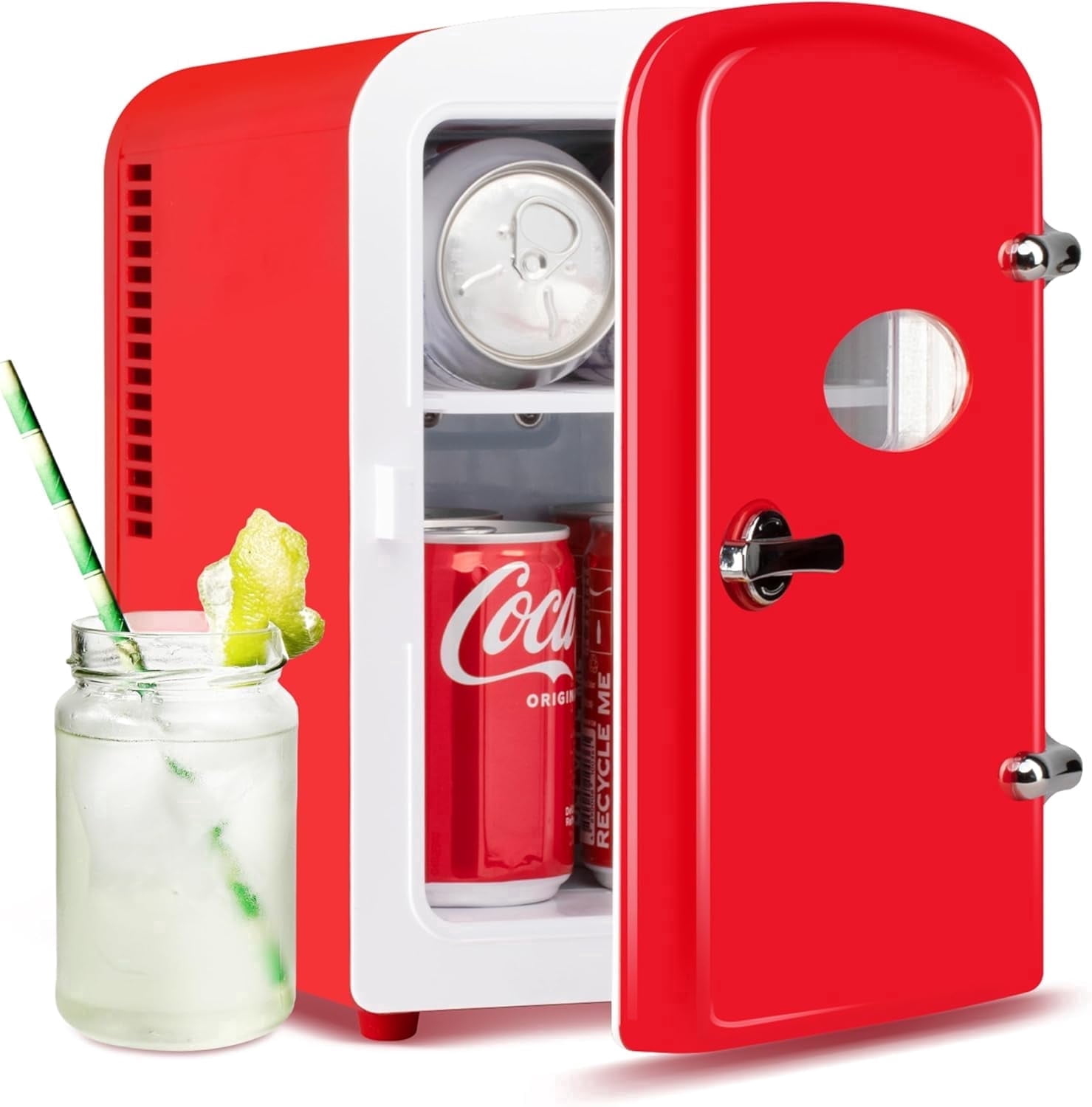 Simple Deluxe 4L/6 Can Mini Fridge with Observation Window, Portable Cooler & Warmer Freon-Free Small Refrigerator, Provide Compact Storage for Skincare, Beverage, for Bedroom, Office, Dorm, Red
