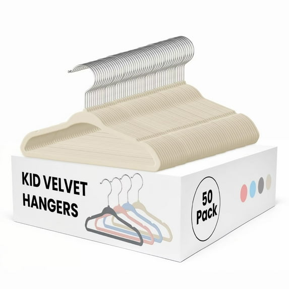 Simple Deluxe 50 Pack Kids Velvet Hangers, Non-Slip Space Saving Baby Hanger for Infant & Toddler Clothes, 11 Inch Lightweight Durable Children Hangers for Closet, Beige White