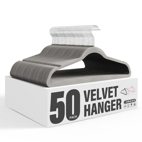 Simple Deluxe 50 Pack Velvet Hangers, Non-Slip Clothes Hangers with Shoulder Notches, 361° Swivel Hooks, Heavy Duty Coat Suit Hangers for Closet Space Saving, Grey