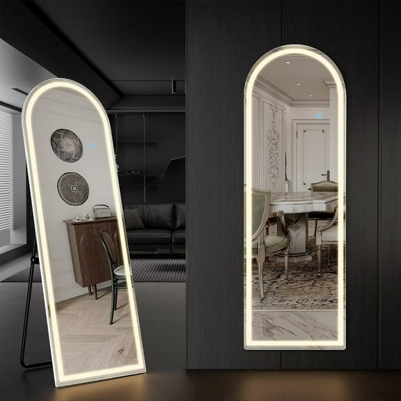 Simple Deluxe 60"x16" Arched Full Length Mirror with LED Lights, Mirror with Stand, Body Floor Mirrors with Dimming & 3 Color Lighting, Wall Mounted Mirrors for Bedroom, Dressing Room, Cloakroom