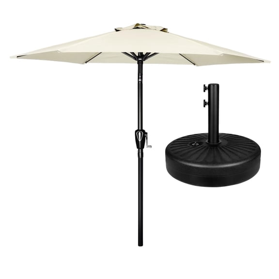 Simple Deluxe 7.5' Patio Umbrella with 20 Inch 50lbs Capacity Fillable Round Base, Market Umbrella with 6 Sturdy Ribs and Push Button Tilt/Crank for Garden, Deck, Backyard, Pool, Beige and Black