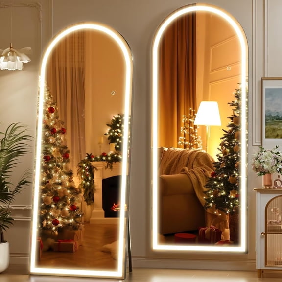 Simple Deluxe 71"x26" Arched Full Length Mirror with LED Lights, Mirror with Stand, Body Floor Mirrors with Dimming & 3 Color Lighting, Wall Mounted Mirrors for Bedroom, Dressing Room, Cloakroom