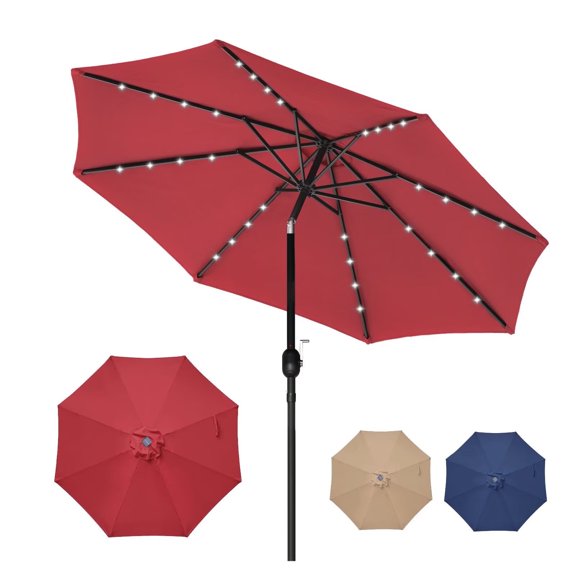 Simple Deluxe 9' Solar 32 LED Lighted Patio Umbrella Outdoor Table Market Umbrellas with Push Button Tilt/Crank for Garden, Deck, Backyard and Pool, Red