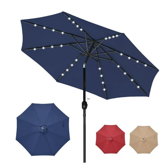 Simple Deluxe 9' Solar 32 LED Lighted Patio Umbrella Outdoor Table Market Umbrellas with Push Button Tilt/Crank for Garden, Deck, Backyard and Pool, Dark Blue