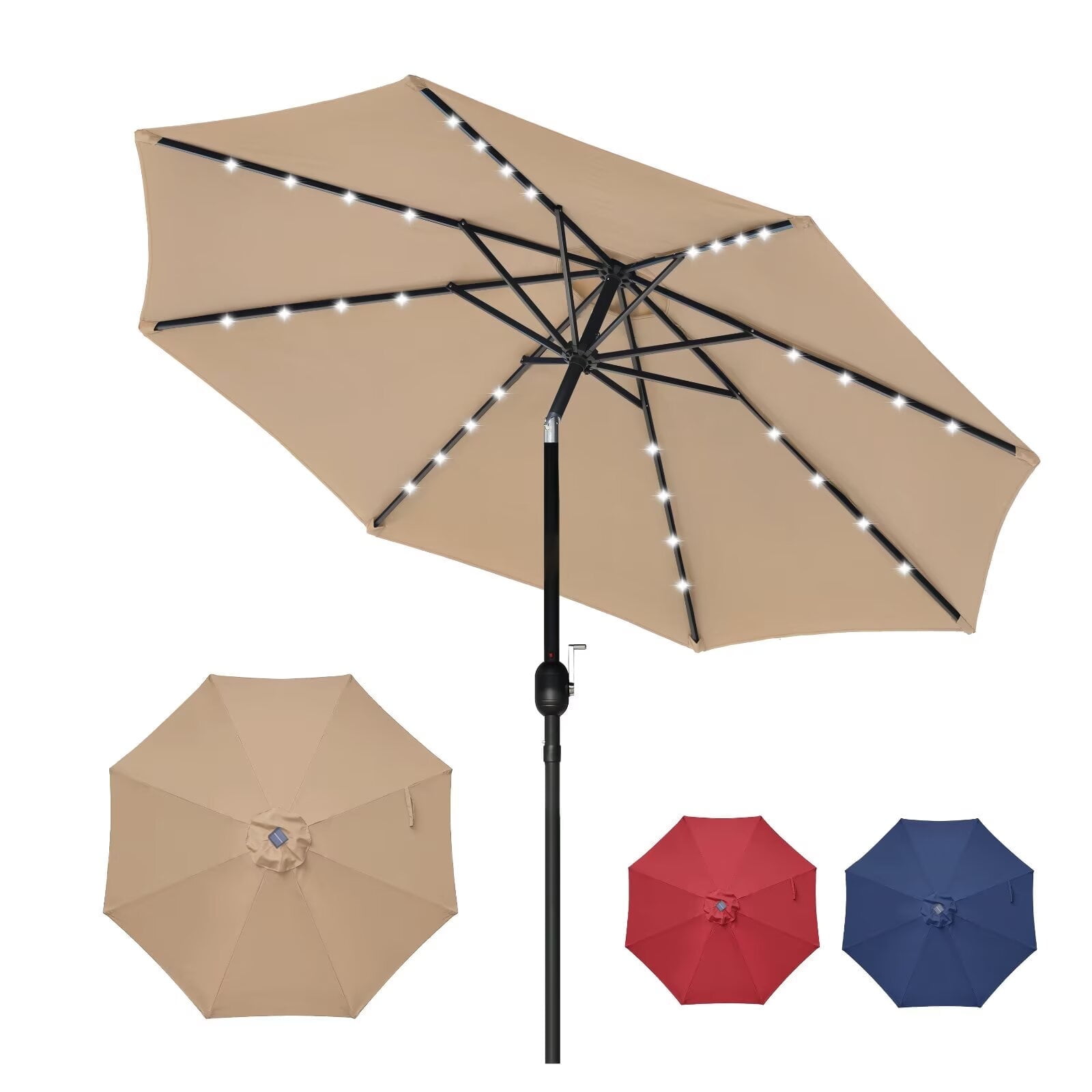 Simple Deluxe 9' Solar 32 LED Lighted Patio Umbrella Outdoor Table Market Umbrellas with Push Button Tilt/Crank for Garden, Deck, Backyard and Pool, Tan