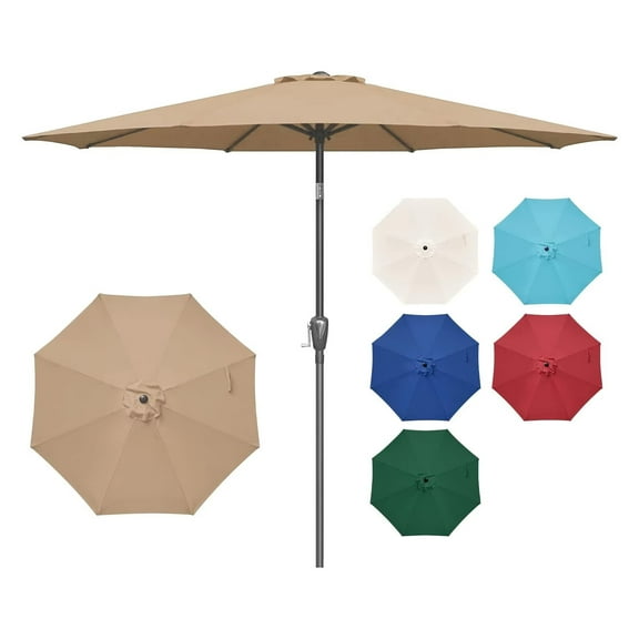 Simple Deluxe 9ft Outdoor Market Table Patio Umbrella with Button Tilt and 8 Sturdy Ribs, Tan, 1 Pack