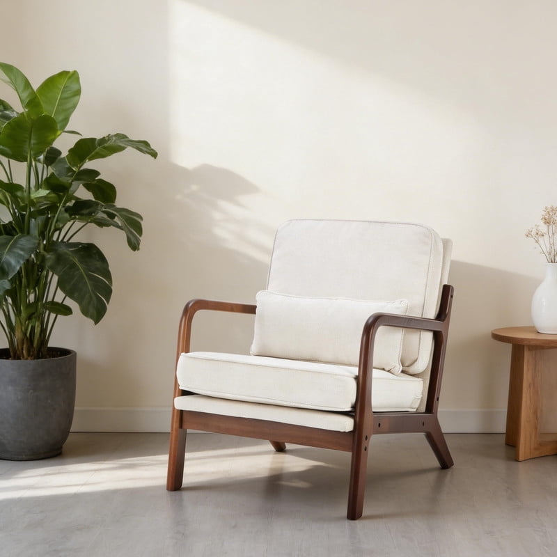 Simple Deluxe Accent Chair with Arms and Waist Pillow, Mid Century Modern Lounge Chair with Solid Wood Frame for Living Room, Bedroom, Cream