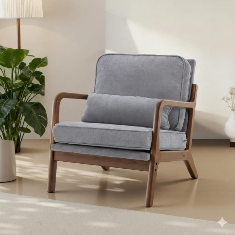 Simple Deluxe Accent Chair with Arms and Waist Pillow, Mid Century Modern Lounge Chair with Solid Wood Frame for Living Room, Bedroom, Gray