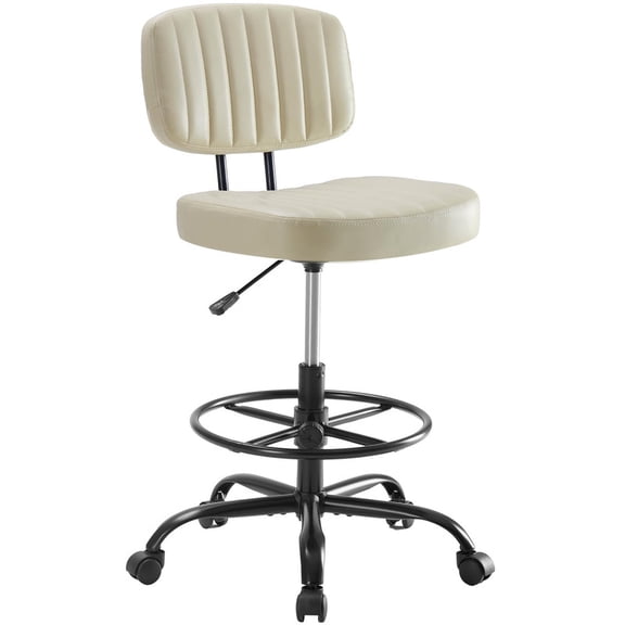 Simple Deluxe Armless Drafting Chair with Footrest, PU Leather, Beige