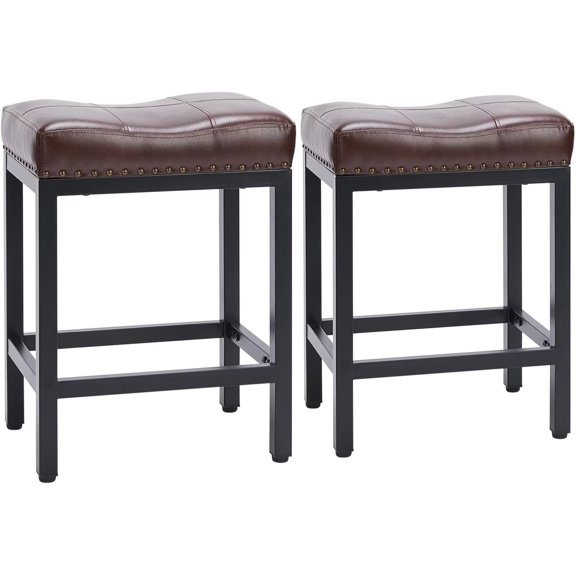 Simple Deluxe Bar Stools Set of 2, PU Leather Counter Height Bar Stools, Kitchen Stools with Saddle Seats & Metal Base, Saddle Stools for Kitchen Island, Bar, Cafe, Brown