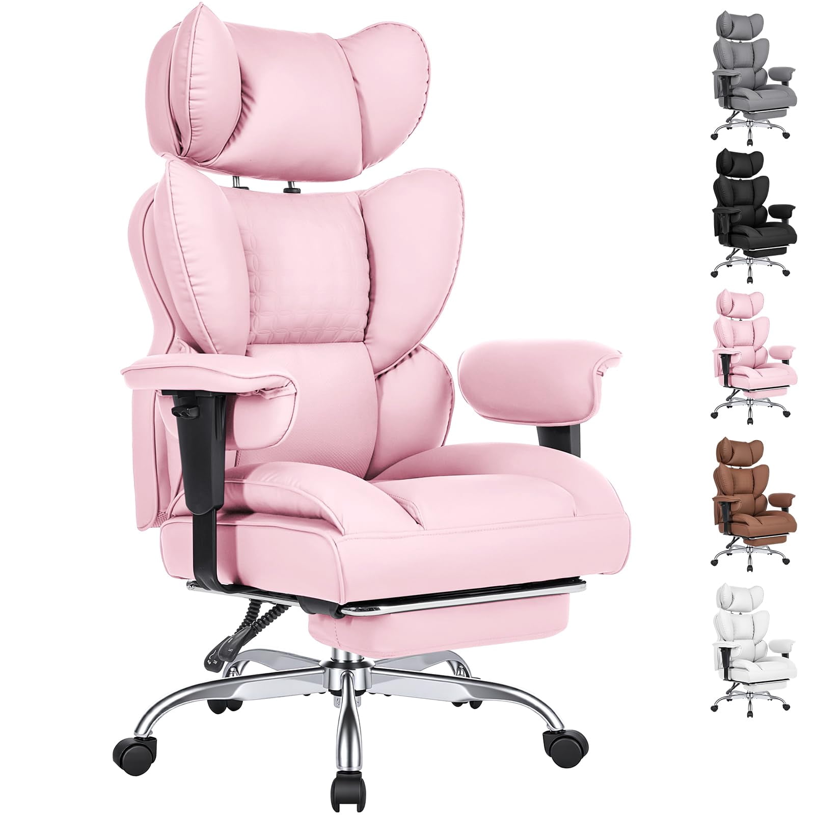 Simple Deluxe Big and Tall Office Chair 350 lbs, PU Leather Executive Desk Chair with Footrest, Pocket Spring Cushion, Ergonomic Reclining Computer Chair for Home Office, Pink