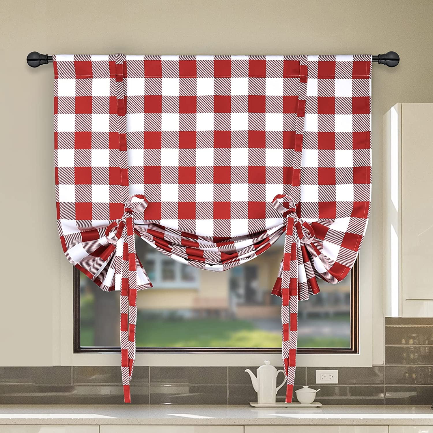 Simple Deluxe Buffalo Check Gathered Window Curtain Pair of 2 Plaid
