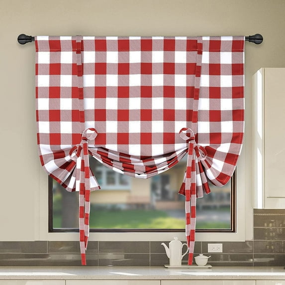Simple Deluxe Buffalo Check Gathered Window Curtain Pair of 2 -Plaid Light Filtering Farmhouse Drapes for Dining Room