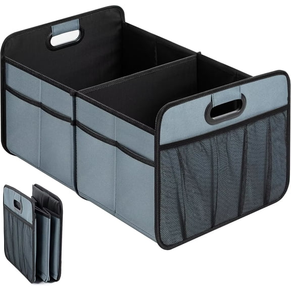 Simple Deluxe Car Trunk Organizer for Car,50L Large Capacity, Collapsible 2 Compartment Automotive SUV Accessories, 600D Waterproof Oxford Polyester & Non Slip Bottom, Reinforced Handle, Grey-Green