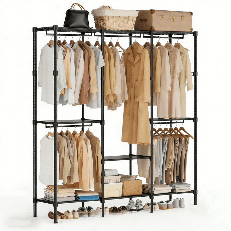 Simple Deluxe Clothes Rack, Heavy Duty Clothing Rack, 4-Shelf Portable Adjustable Wardrobe Closet with Hanging Rods, 74.2" W x 15.5" D x 77.1" H, Black
