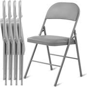 Simple Deluxe Folding Chairs Set of 4, Leather Cushion Foldable Modern Kitchen Side Chair with Padded Back& Metal Legs, Upholstered Dinner Seat Gift for Home/Living Room/Bedroom/Restaurant, Grey