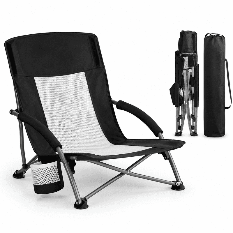 Simple Deluxe Folding Low Beach Chair for Adults, Lightweight Breathable Mesh Back & Storage Pockets Camping Chair with Cup Holder & Padded Armrests, 250 LBS Capacity, Lawn, Picnic, Sand, Black