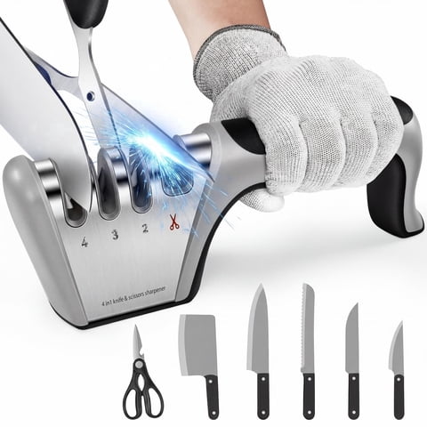 5-in-1 Knife Sharpener 4 Stage, Quickly Sharpens & Restores Dull Blades, Easy & Safe for Home Kitchen Use, Fits Most Knives and Scissors