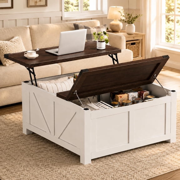 Simple Deluxe Lift Top Coffee Table with Storage, 35.5" Square Coffee Tables for Living Room, Farmhouse Coffee Table with Large Hidden Storage, Coffee Tables with Lifting Top for Living Room (White)