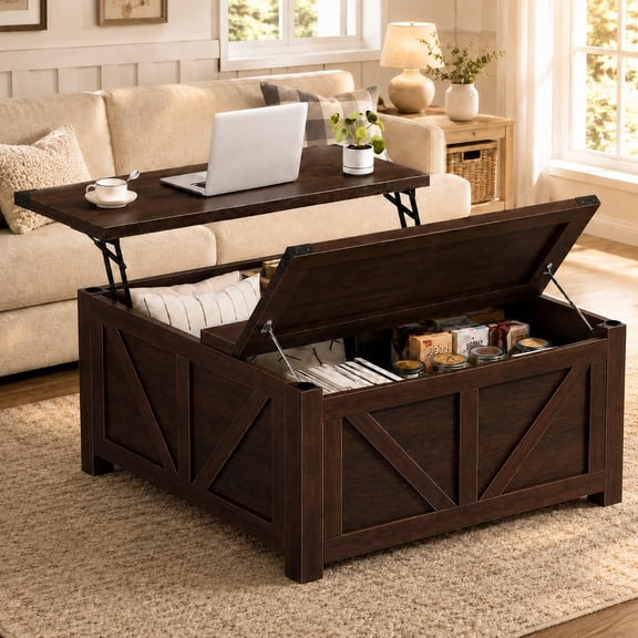 Simple Deluxe Lift Top Coffee Table with Storage, 35.5" Square Coffee Tables for Living Room, Farmhouse Coffee Table with Large Hidden Storage, Coffee Tables with Lifting Top for Living Room (White)