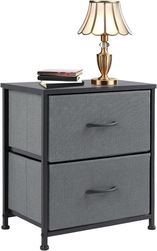 Simple Deluxe Nightstand 2 Drawers Dresser for Bedroom, 3-Tier Bedside Table with Fabric Bins, End Table for Living Room, wood top Load-bearing up to 44 lb, Grey