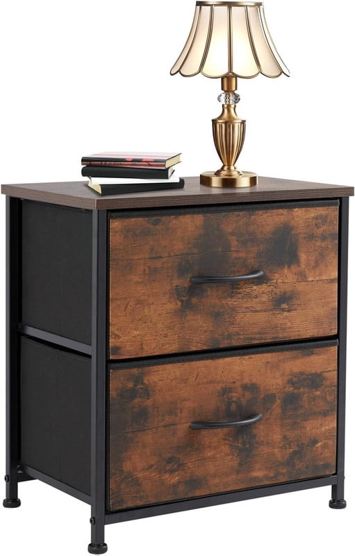 Simple Deluxe Nightstand 2 Drawers Dresser for Bedroom, 3-Tier Bedside Table with Fabric Bins, End Table for Living Room, wood top Load-bearing up to 44 lb, Rustic Brown Grain Print